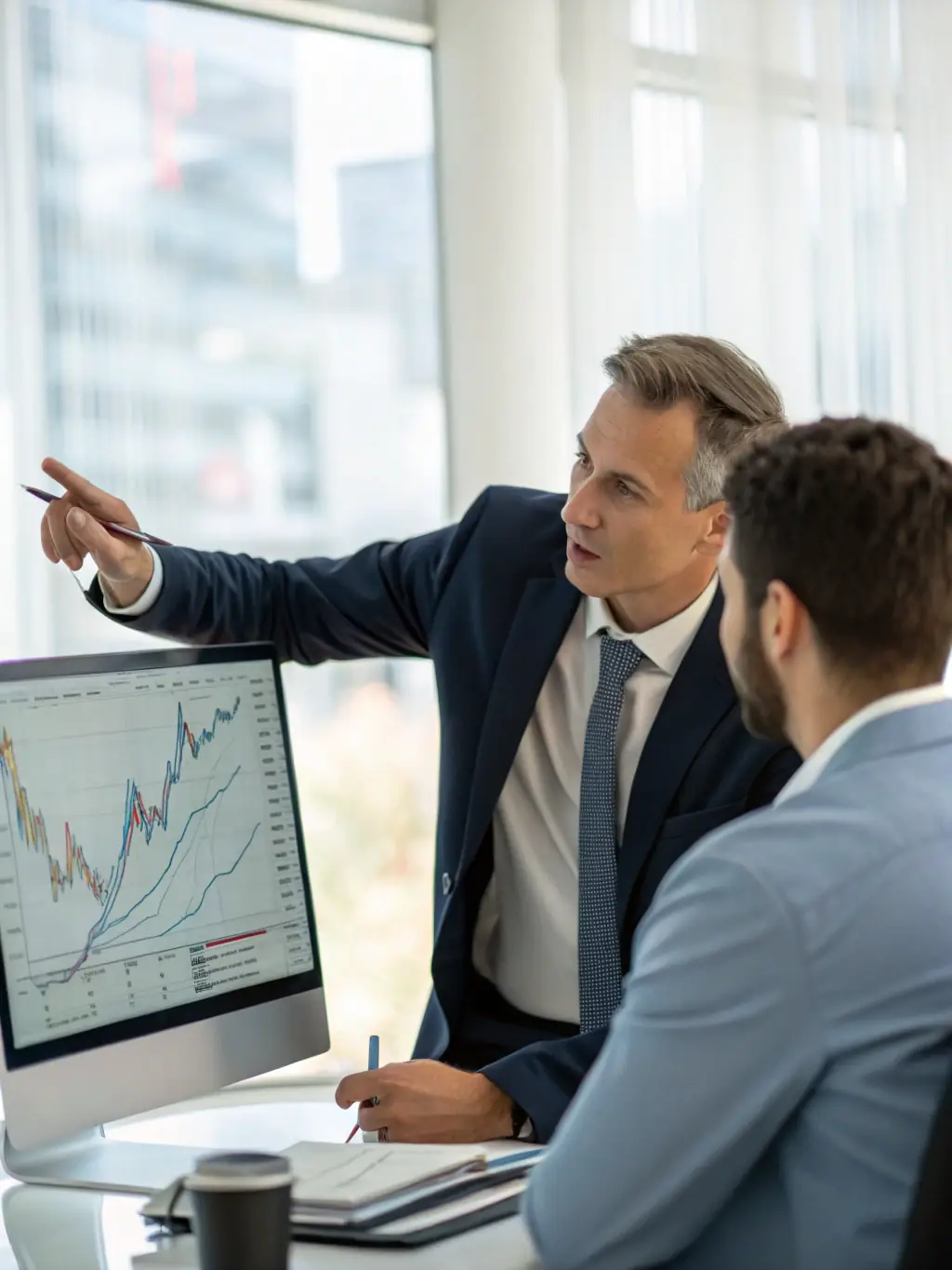 An image of a financial advisor discussing investment options with a client, with graphs showing growth trends, representing investment strategies.