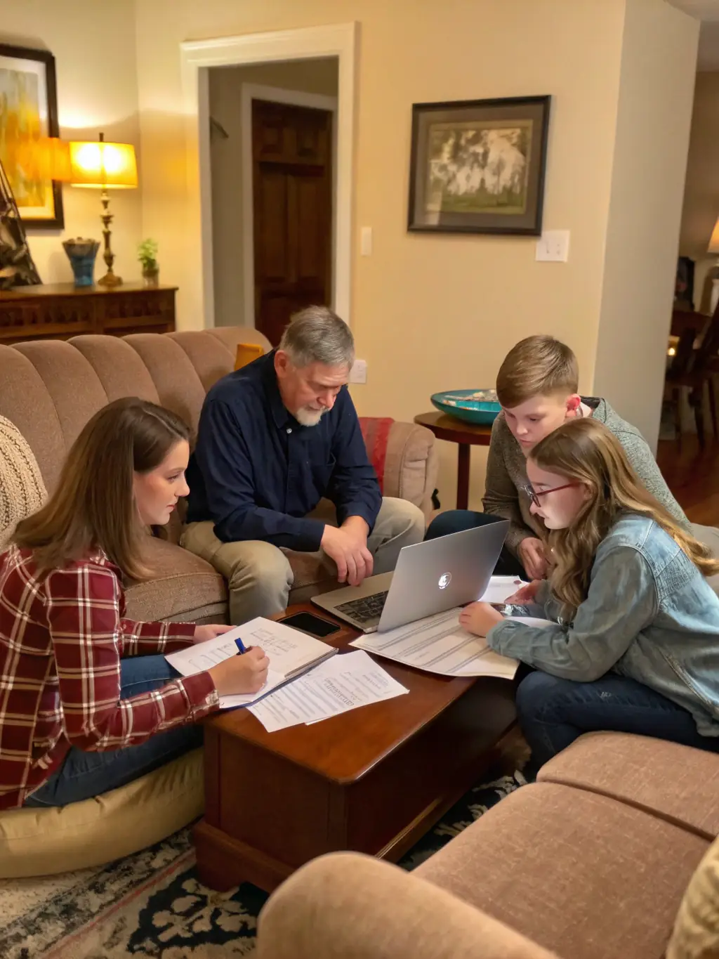 A diverse family happily gathered around a table, reviewing financial documents with Aanisha, representing financial security and peace of mind.