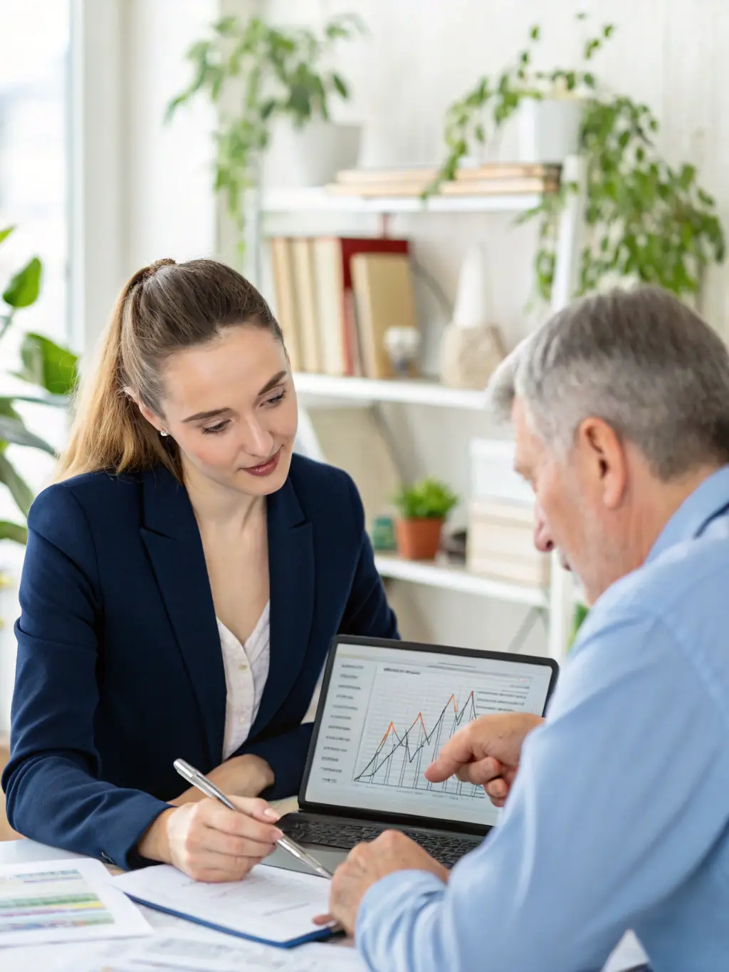 An image of a financial advisor reviewing tax documents with a client, with charts and calculators on the table, representing tax planning services.