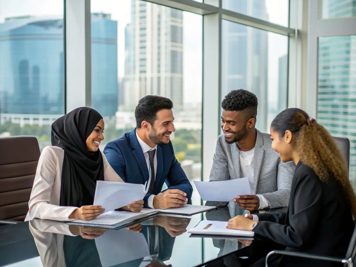 A diverse group of people are discussing investment options around a table, representing Aanisha Advises' inclusive investment guidance.